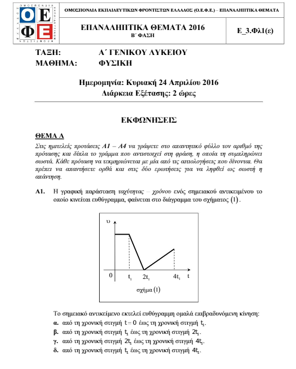 Επαναληπτικά Θέματα Φυσικής Α΄ Λυκείου (με Λύσεις) – ΟΕΦΕ